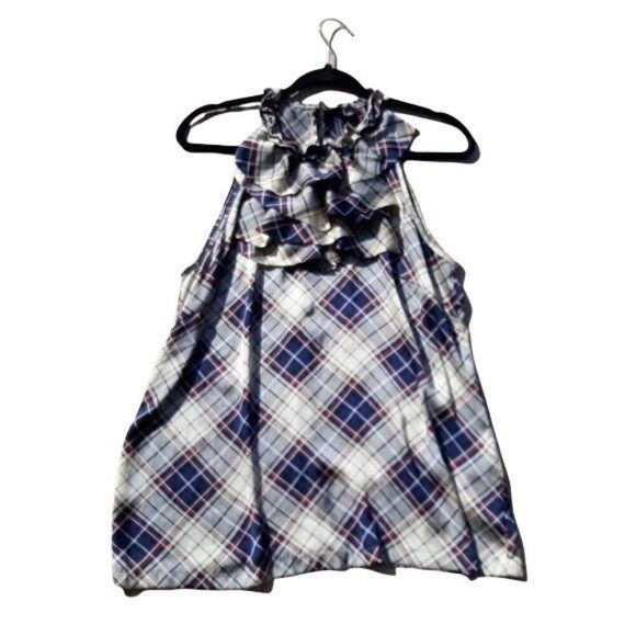 Vintage Patriotic Scottish Tartan Plaid Ruffled Bib Sleeveless Silky Top Sz L - Picture 1 of 11